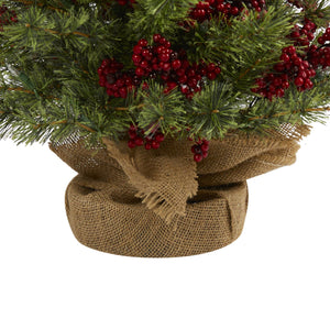 4’ Berry and Pine Artificial Christmas Tree with 100 Warm White Lights and Burlap Wrapped Base