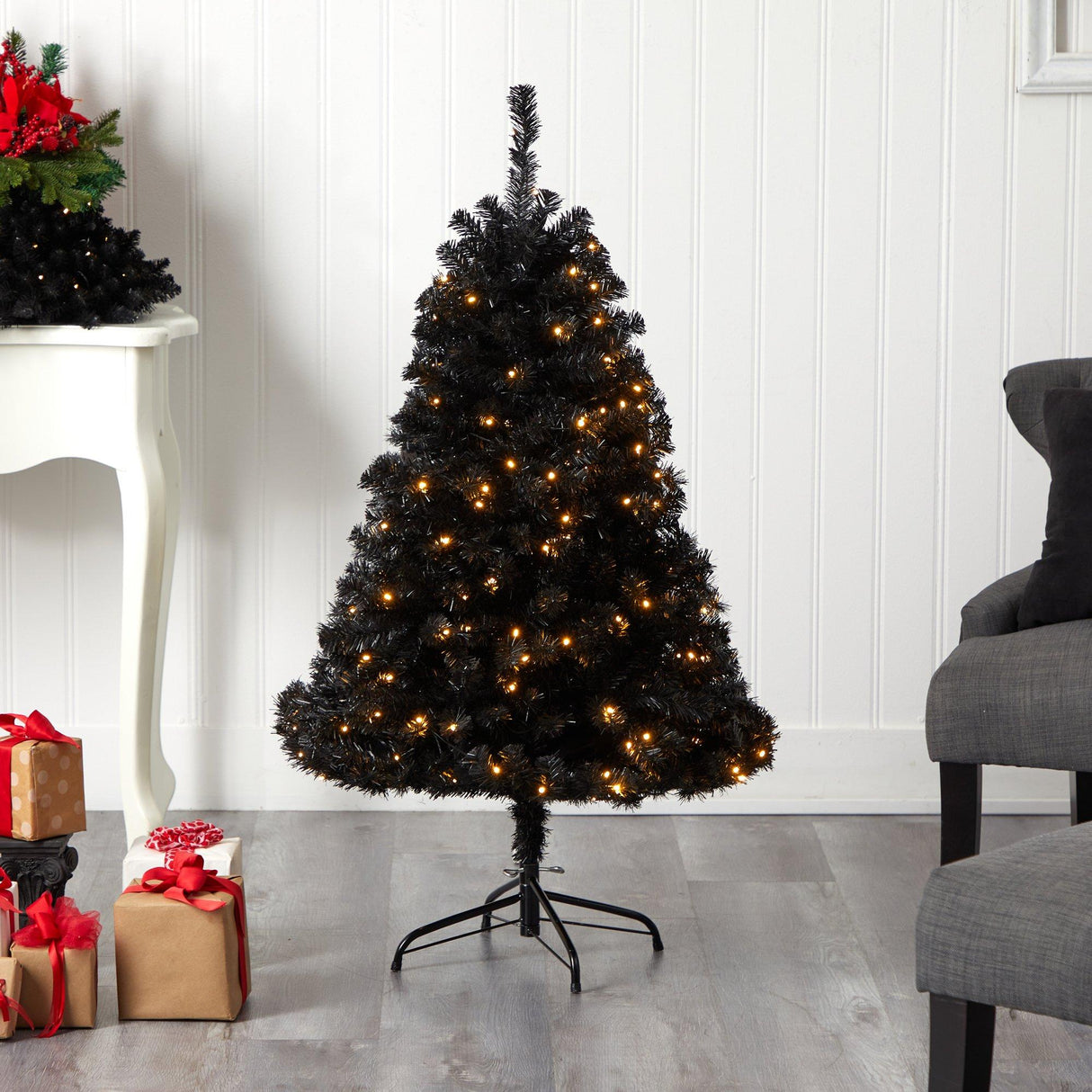 4’ Black Artificial Christmas Tree with 170 Clear LED Lights