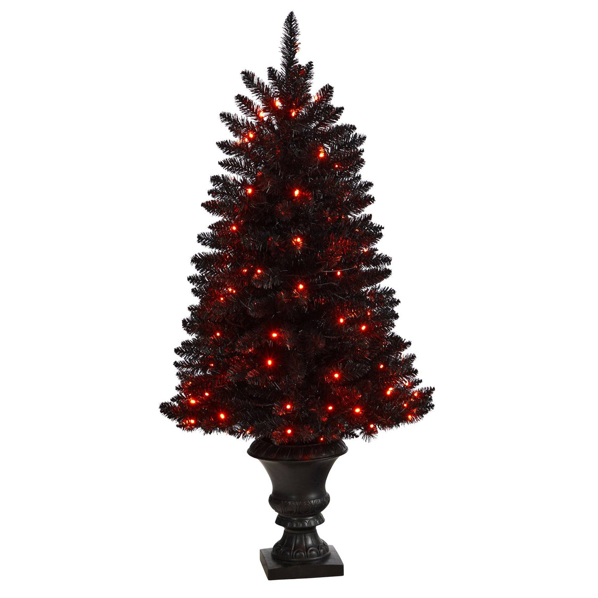 4’ Black Halloween Artificial Christmas Tree in Urn with 100 Orange LED Lights