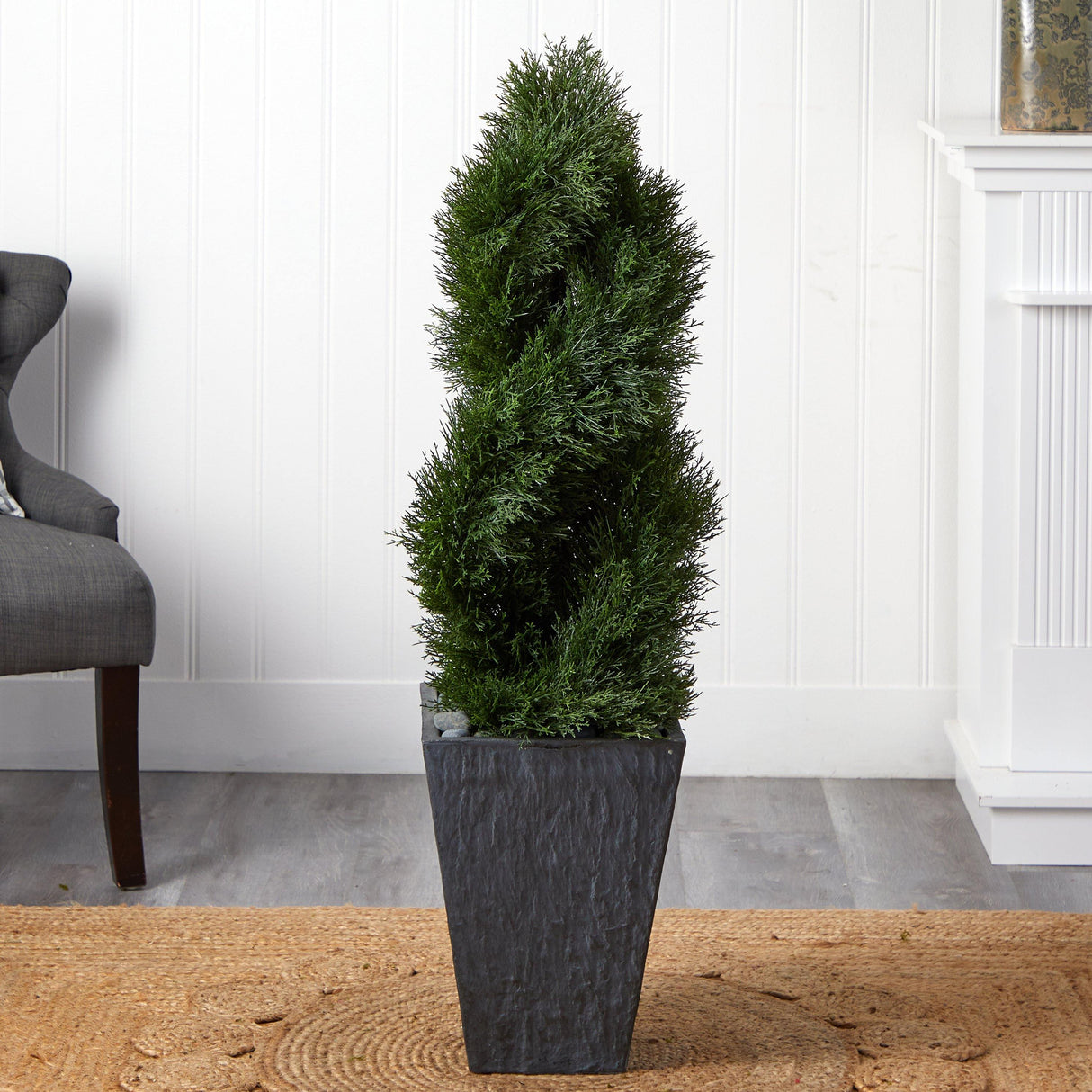 4’ Cypress Double Spiral Topiary Artificial Tree in Slate Planter (Indoor/Outdoor)