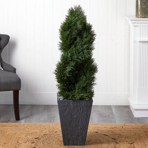 4’ Cypress Double Spiral Topiary Artificial Tree in Slate Planter (Indoor/Outdoor)