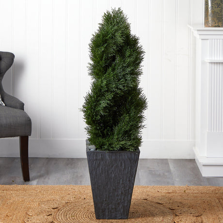 4’ Cypress Double Spiral Topiary Artificial Tree in Slate Planter (Indoor/Outdoor)