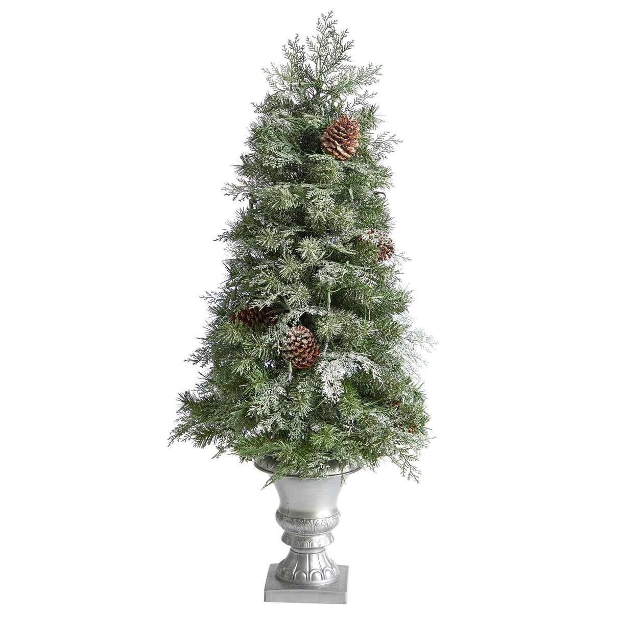 4’ English Pine Tree with 100 Warm White LED Lights and 413 Bendable Branches in Decorative Urn