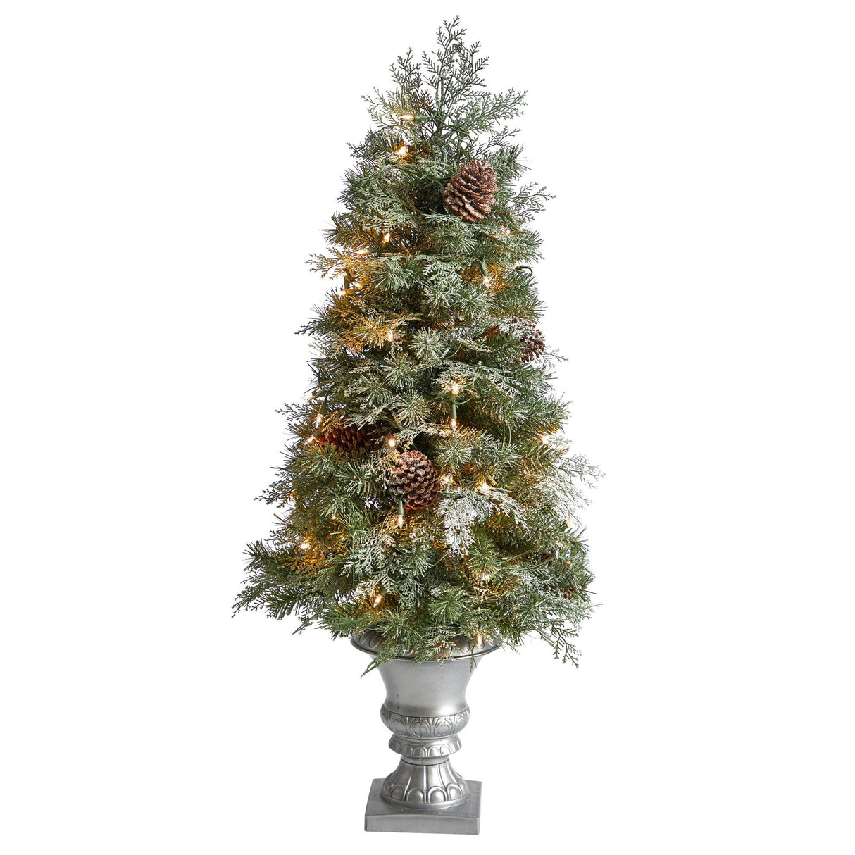 4’ English Pine Tree with 100 Warm White LED Lights and 413 Bendable Branches in Decorative Urn