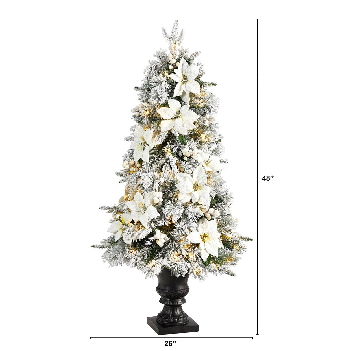 4’ Flocked Artificial Christmas Tree with 223 Bendable Branches and 100 Warm Lights in Decorative Urn