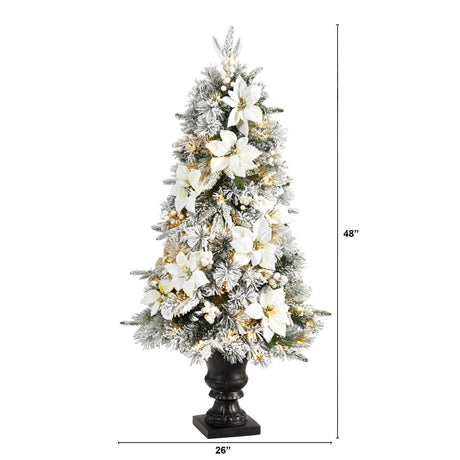 4’ Flocked Artificial Christmas Tree with 223 Bendable Branches and 100 Warm Lights in Decorative Urn