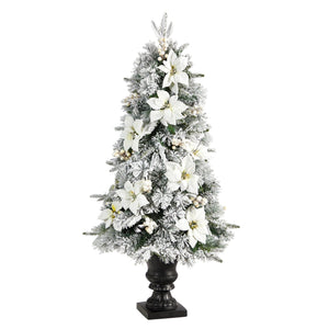 4’ Flocked Artificial Christmas Tree with 223 Bendable Branches and 100 Warm Lights in Decorative Urn