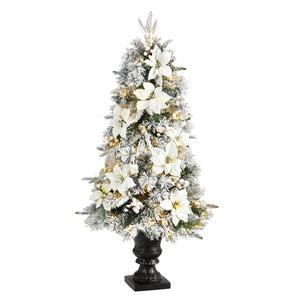 4’ Flocked Artificial Christmas Tree with 223 Bendable Branches and 100 Warm Lights in Decorative Urn