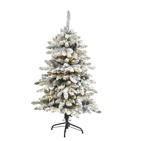 4’ Flocked Livingston Fir Artificial Christmas Tree with Pine Cones and 150 Clear Warm LED Lights