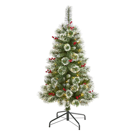 4’ Frosted Swiss Pine Artificial Christmas Tree with 100 Clear LED Lights and Berries