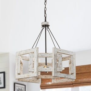 4-Light Distressed White Wooden Drum Chandelier