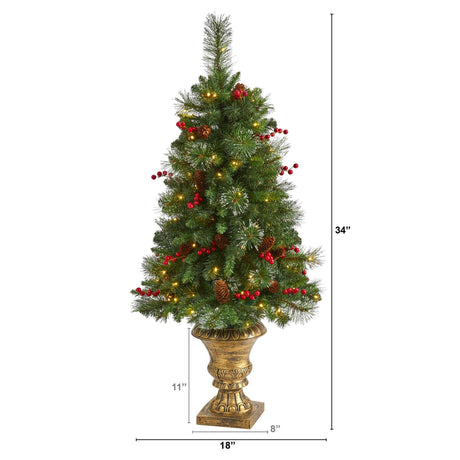 4’ Pine, Pinecone and Berries Artificial Christmas Tree with 100 Clear LED Lights in Decorative Urn