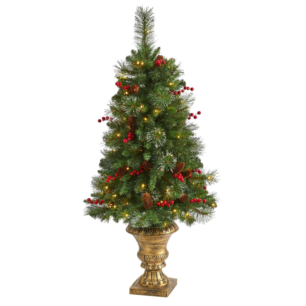 4’ Pine, Pinecone and Berries Artificial Christmas Tree with 100 Clear LED Lights in Decorative Urn