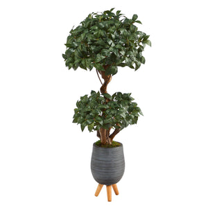 4’ Sweet Bay Double Ball Topiary Artificial Tree in Gray Planter with Stand