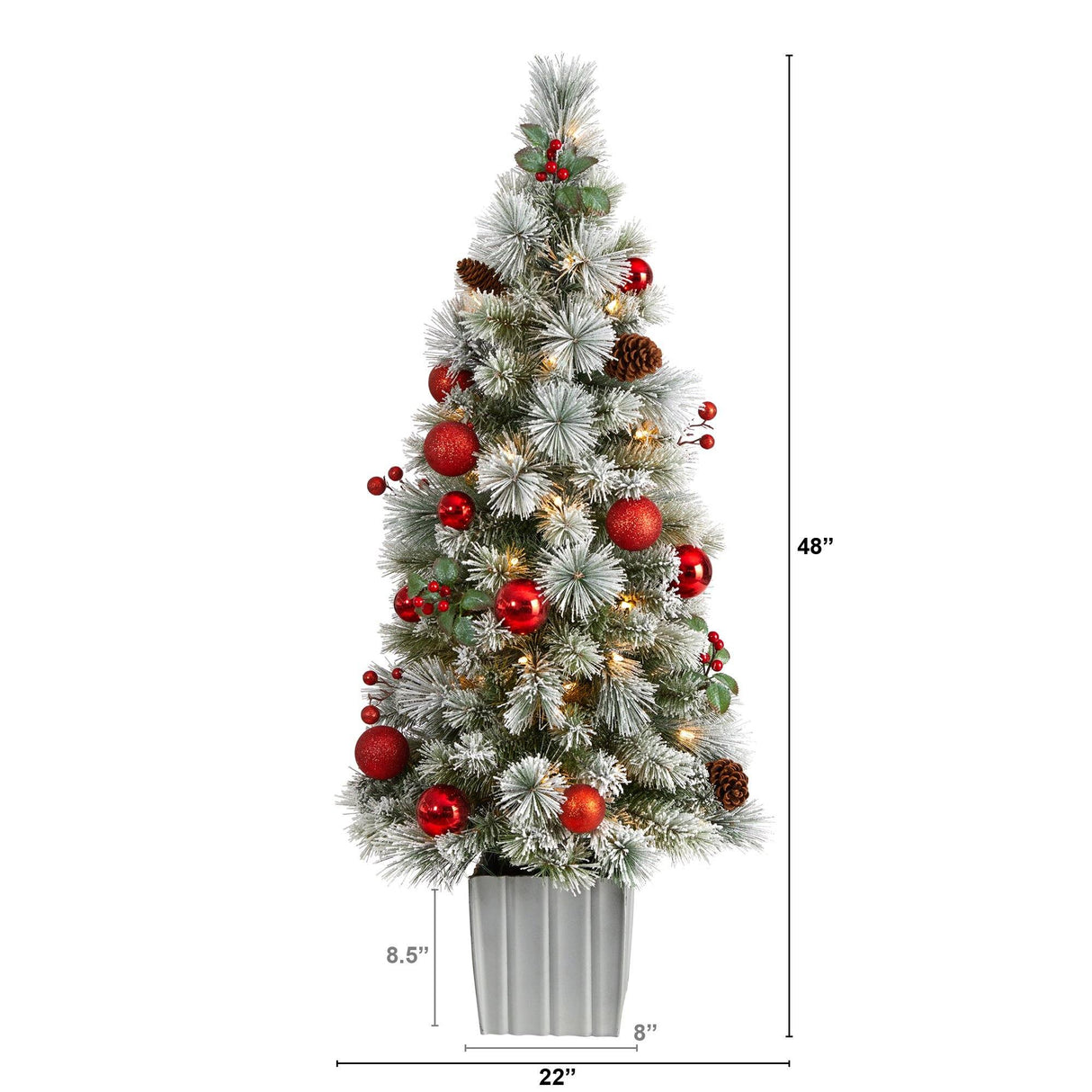 4' Winter Flocked Christmas Tree Pre-Lit with 50 Lights and Ornaments in Decorative Planter