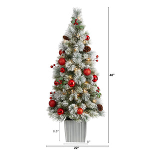 4' Winter Flocked Christmas Tree Pre-Lit with 50 Lights and Ornaments in Decorative Planter