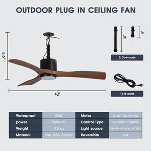 42 Inch Patio Guard IP65 Outdoor DC Motor Black Modern Hanging Buckle Downrod Ceiling Fan with Light
