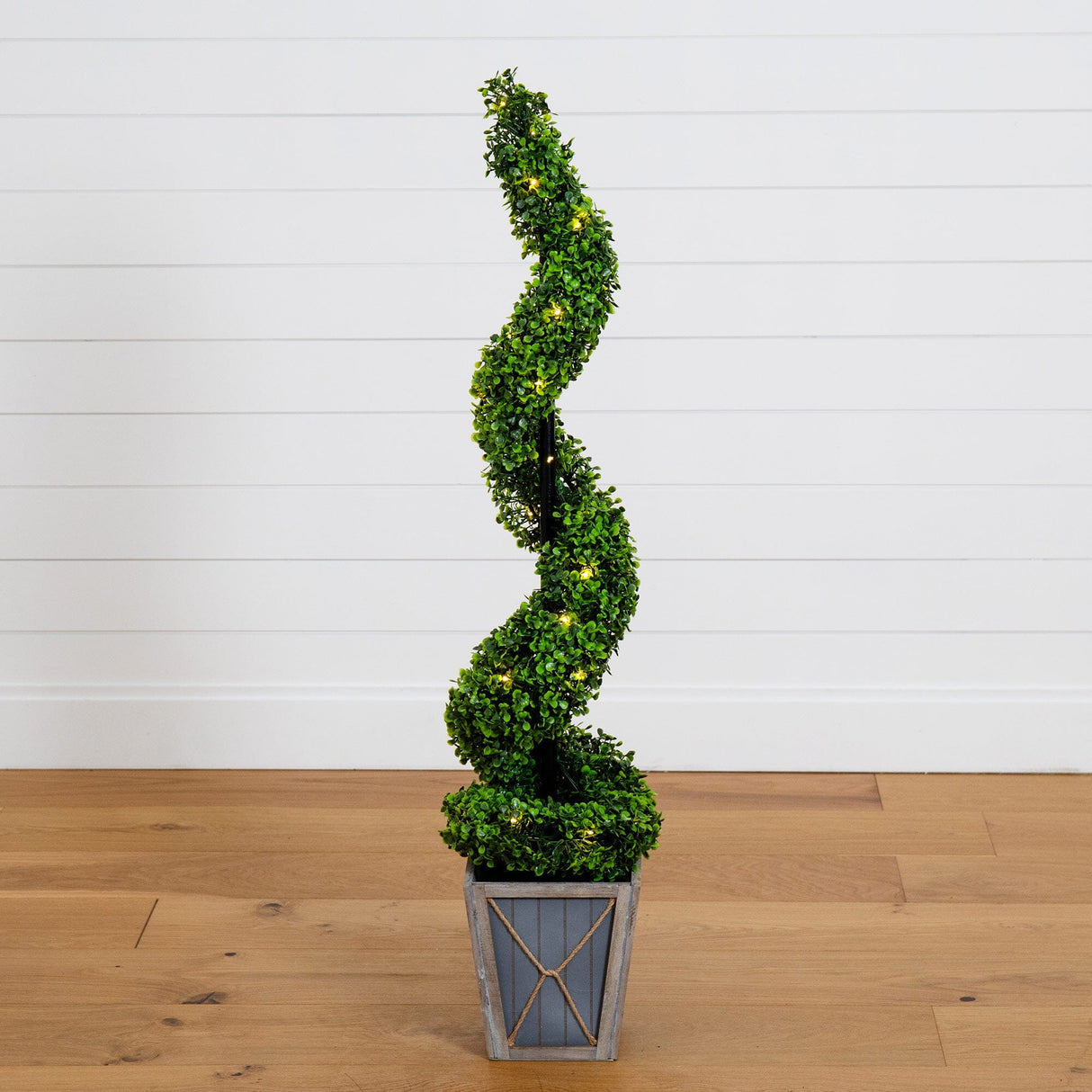 45” UV Resistant Artificial Boxwood Spiral Topiary Tree with LED Lights in Decorative Planter (Indoor/Outdoor)