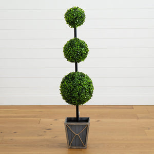 45" UV Resistant Artificial Triple Ball Boxwood Topiary with LED Lights in Decorative Planter (Indoor/Outdoor)