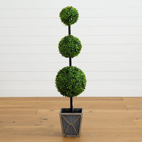 45" UV Resistant Artificial Triple Ball Boxwood Topiary with LED Lights in Decorative Planter (Indoor/Outdoor)