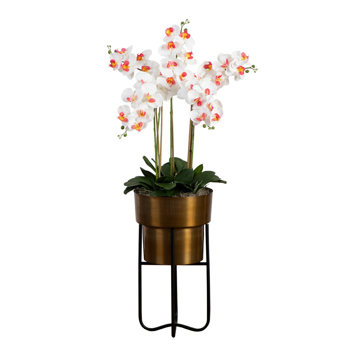 48” Artificial Orchid Arrangement in Brass Metal Planter with Stand