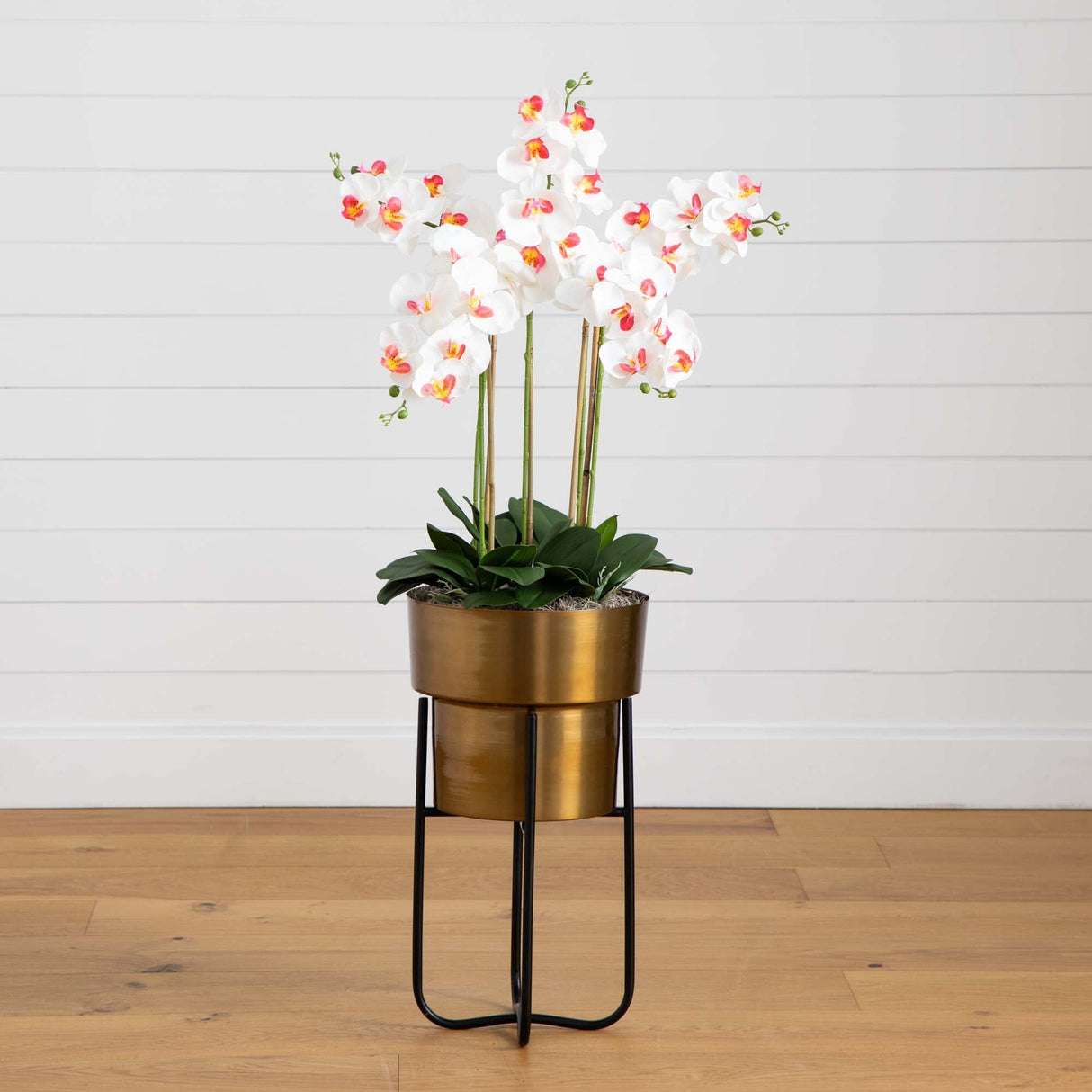 48” Artificial Orchid Arrangement in Brass Metal Planter with Stand