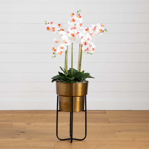 48” Artificial Orchid Arrangement in Brass Metal Planter with Stand