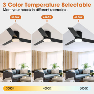 48" Flush Mount Ceiling Fan 3 Blades with LED Lighting and Remote Control