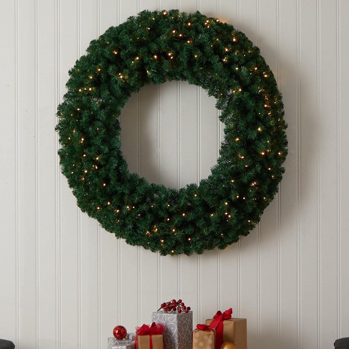 48” Large Artificial Christmas Wreath with 714 Bendable Branches and 200 Warm White LED Lights