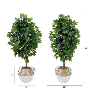 4.5' Artificial Ficus Tree with Double Trunk in a Handmade Cotton & Jute Basket DIY KIT - Set of 2