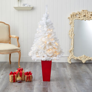 4.5' White Artificial Christmas Tree with 100 Clear LED Lights in Red Planter