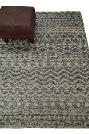 4x6 Hand Knotted Ivory, Black and Gray Modern Contemporary Southwestern Tribal Trellis Recycled Silk Area Rug | OP56