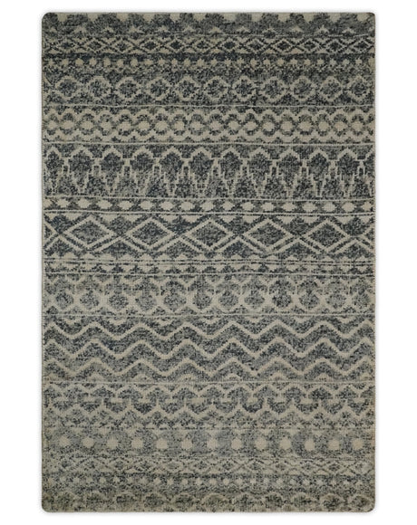 4x6 Hand Knotted Ivory, Black and Gray Modern Contemporary Southwestern Tribal Trellis Recycled Silk Area Rug | OP56
