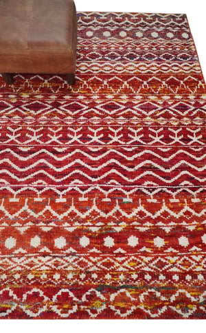 4x6 Hand Knotted Rust and Ivory Modern Contemporary Southwestern Tribal Trellis Recycled Silk Area Rug | OP60