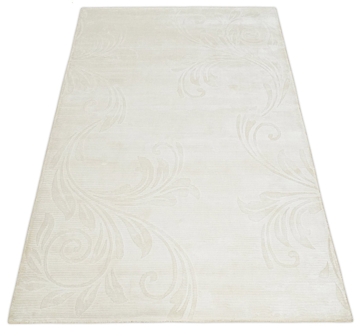 4x6 Hand Woven and Carved Silver and Ivory Floral Art Silk Rug | KNT5