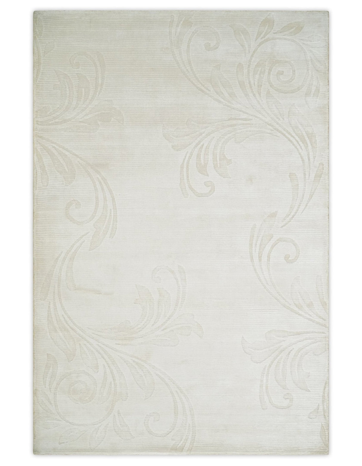 4x6 Hand Woven and Carved Silver and Ivory Floral Art Silk Rug | KNT5