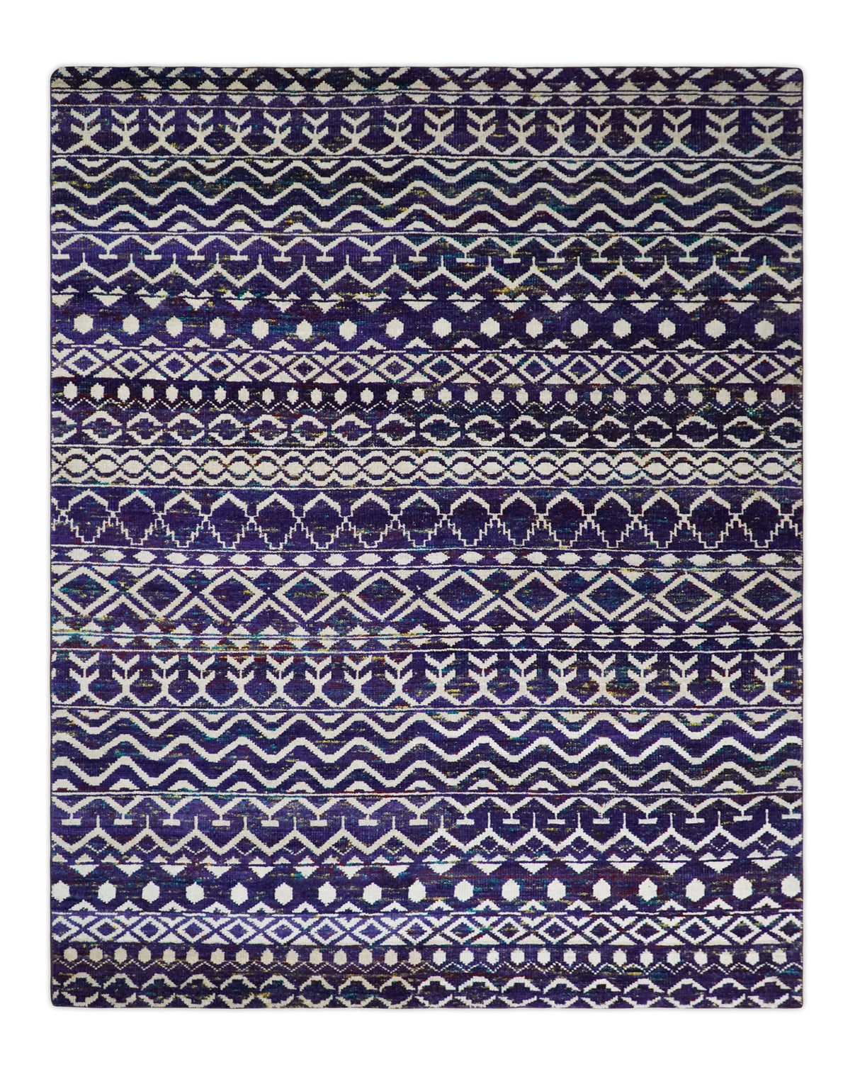 4x6 and 8x10 Hand Knotted Blue and White Modern Contemporary Southwestern Tribal Trellis Recycled Silk Area Rug | OP6