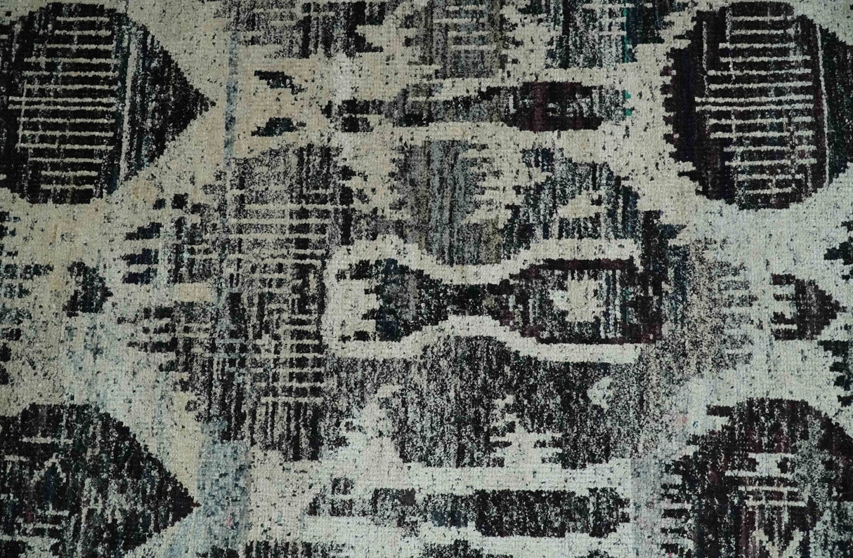 4x6 and 8x10 Hand Knotted Ivory, Charcoal and Brown Antique Persian Style Contemporary Recycled Silk Area Rug | OP46