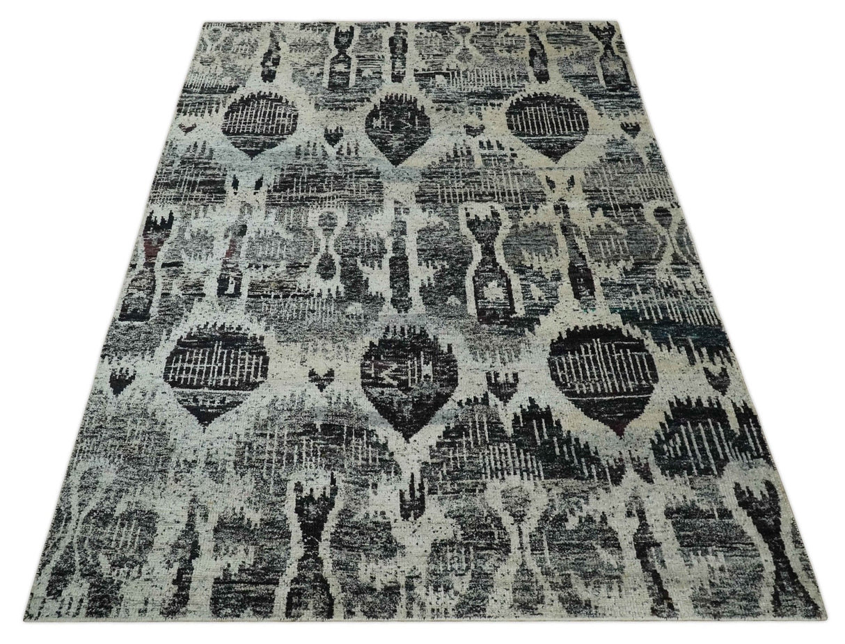 4x6 and 8x10 Hand Knotted Ivory, Charcoal and Brown Antique Persian Style Contemporary Recycled Silk Area Rug | OP46