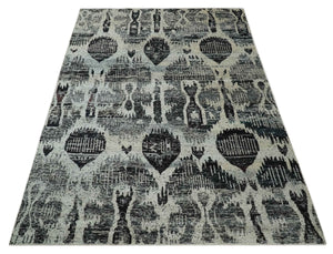 4x6 and 8x10 Hand Knotted Ivory, Charcoal and Brown Antique Persian Style Contemporary Recycled Silk Area Rug | OP46