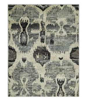 4x6 and 8x10 Hand Knotted Ivory, Charcoal and Brown Antique Persian Style Contemporary Recycled Silk Area Rug | OP46