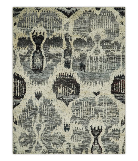 4x6 and 8x10 Hand Knotted Ivory, Charcoal and Brown Antique Persian Style Contemporary Recycled Silk Area Rug | OP46
