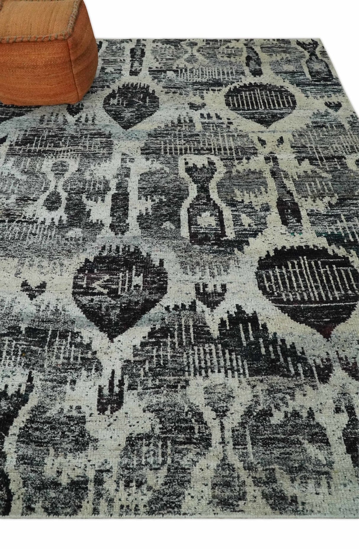 4x6 and 8x10 Hand Knotted Ivory, Charcoal and Brown Antique Persian Style Contemporary Recycled Silk Area Rug | OP46