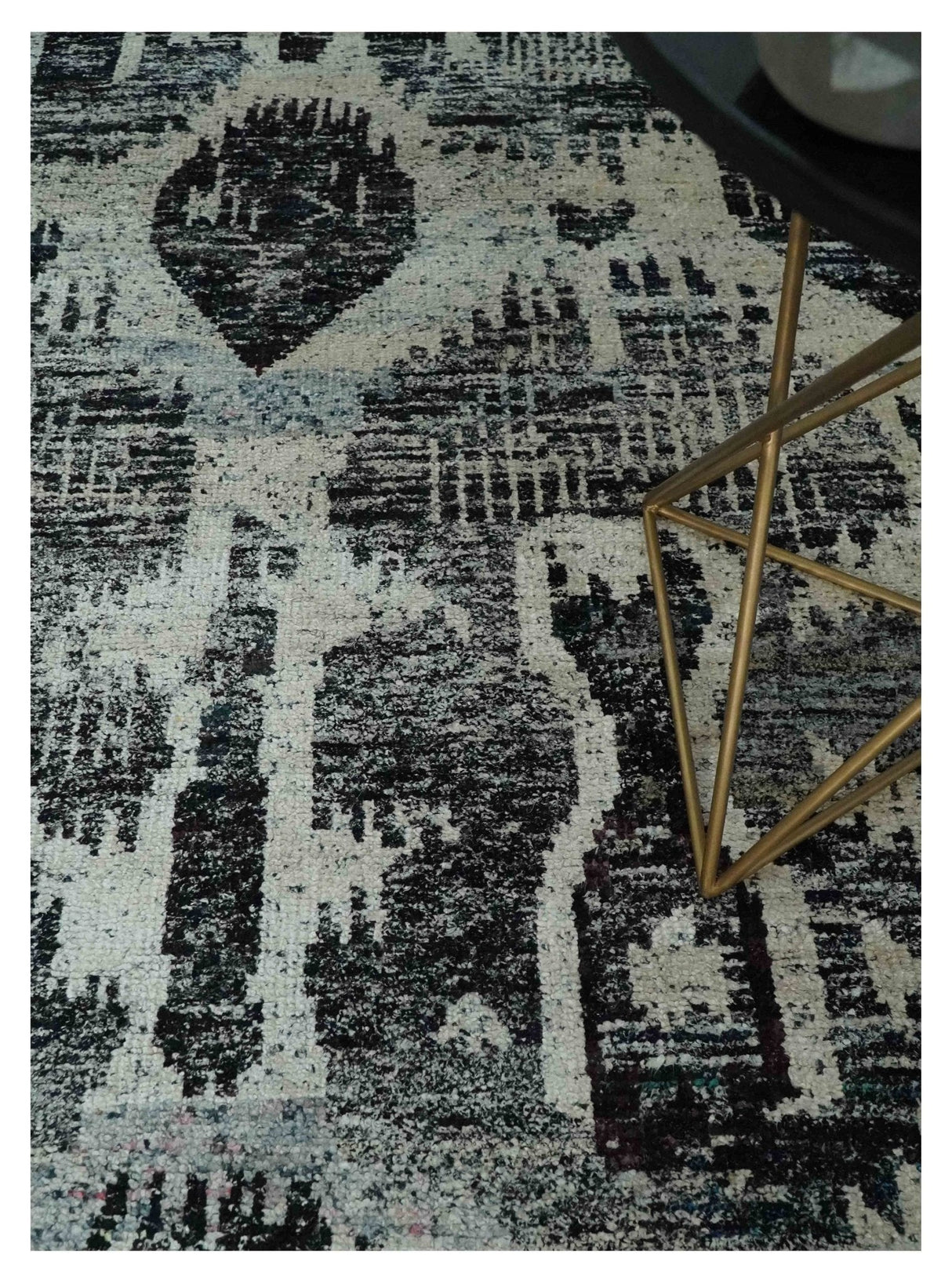 4x6 and 8x10 Hand Knotted Ivory, Charcoal and Brown Antique Persian Style Contemporary Recycled Silk Area Rug | OP46
