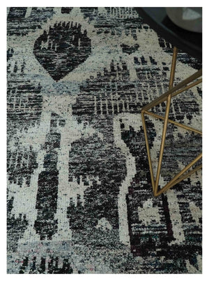 4x6 and 8x10 Hand Knotted Ivory, Charcoal and Brown Antique Persian Style Contemporary Recycled Silk Area Rug | OP46