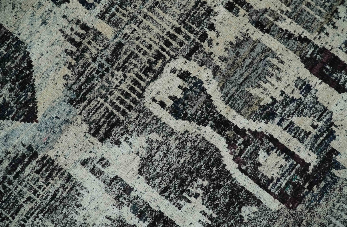 4x6 and 8x10 Hand Knotted Ivory, Charcoal and Brown Antique Persian Style Contemporary Recycled Silk Area Rug | OP46