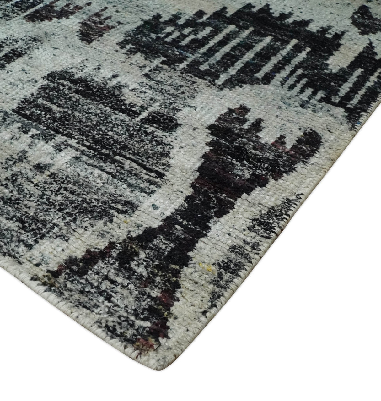 4x6 and 8x10 Hand Knotted Ivory, Charcoal and Brown Antique Persian Style Contemporary Recycled Silk Area Rug | OP46