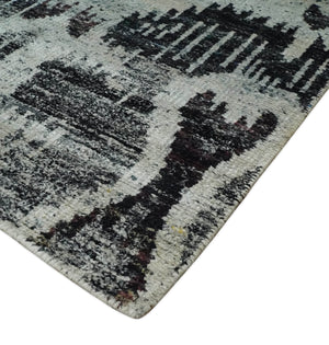 4x6 and 8x10 Hand Knotted Ivory, Charcoal and Brown Antique Persian Style Contemporary Recycled Silk Area Rug | OP46