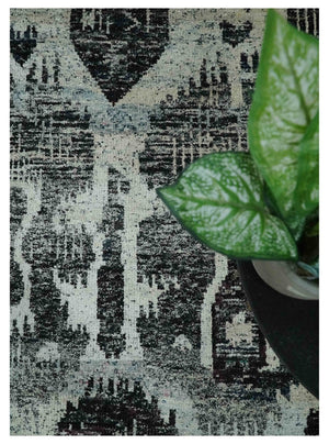 4x6 and 8x10 Hand Knotted Ivory, Charcoal and Brown Antique Persian Style Contemporary Recycled Silk Area Rug | OP46