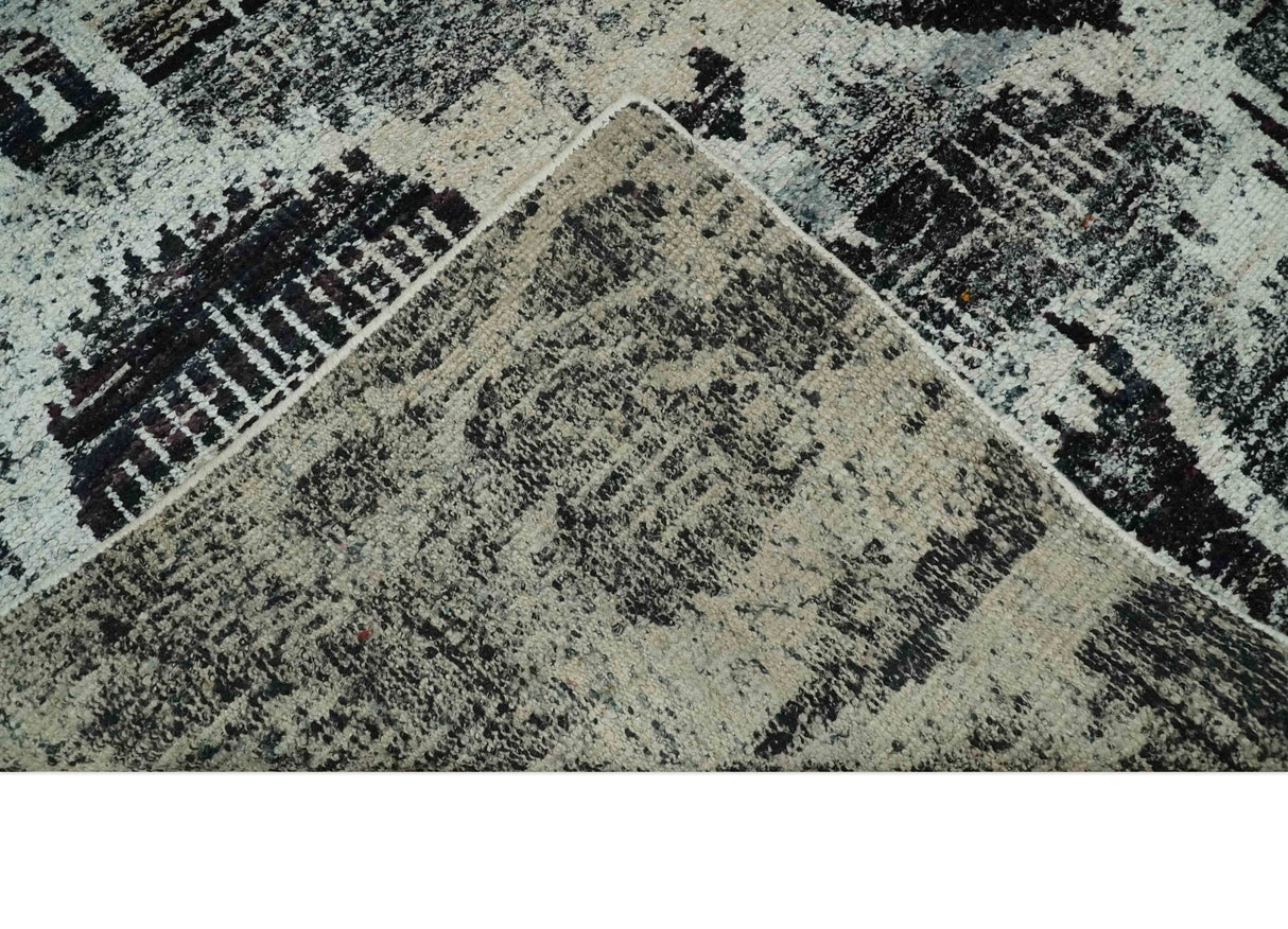 4x6 and 8x10 Hand Knotted Ivory, Charcoal and Brown Antique Persian Style Contemporary Recycled Silk Area Rug | OP46